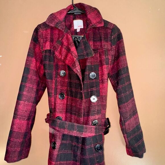 Bongo Women's Double Breasted Red Plaid Button Pea Coat - Size Small - Picture 6 of 10